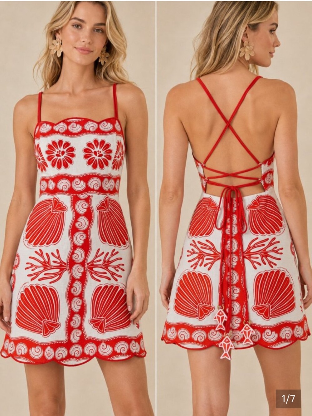 Farm Rio Red and White Coral and Shells Strappy Dress